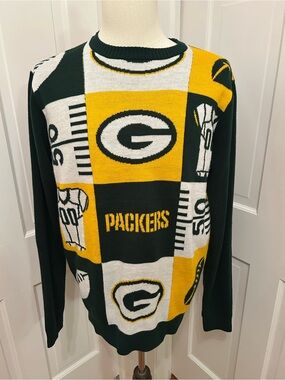 NFL TEAM APPAREL Green Bay Packers Patchwork Knit Sweater Mens L Green Gold
